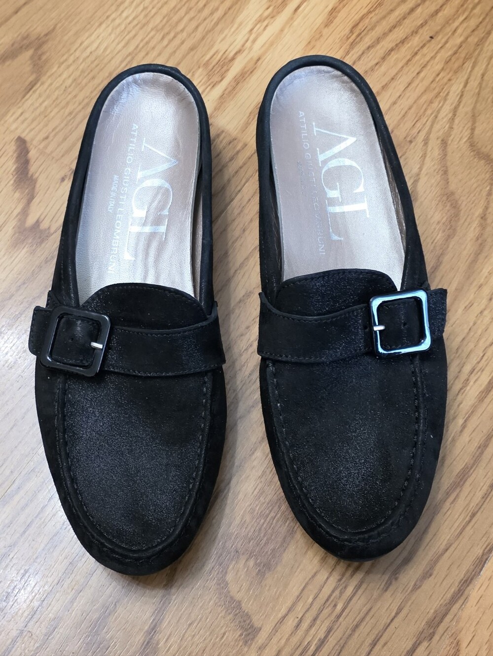 AGL Women’s Black Suede Slip-On Loafer Flats Buckle Almond Toe 6.5 EU 36.5